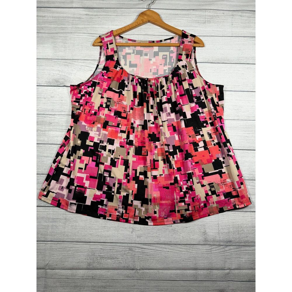 Avenue Women’s 22/24 Pink Black Abstract Sleeveless Stretch Flowy Top 4128